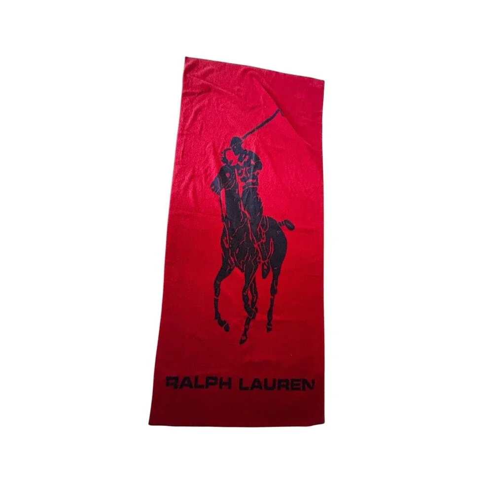 Vtg 90s Cotton Ralph Lauren Oversized Polo Player Horse Beach Towel Red Navy
